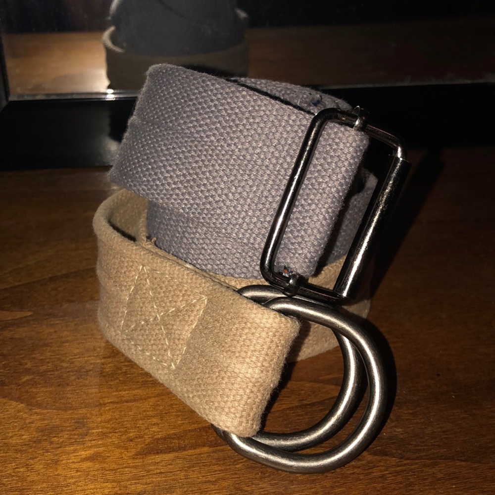 Two Canvas belts, gray and tan.